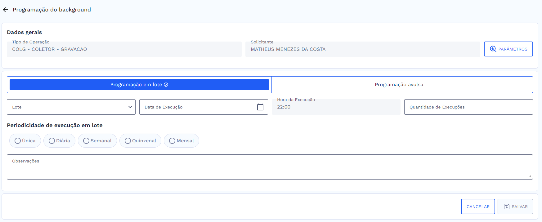 Tela da Programação do Background