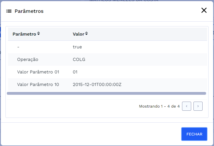 Tabela de parâmetros
