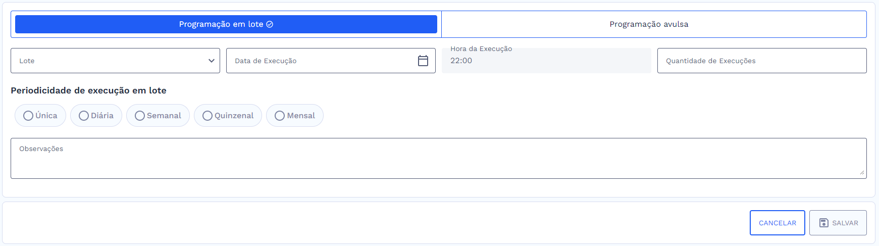 Programação em lote – Antes do preenchimento