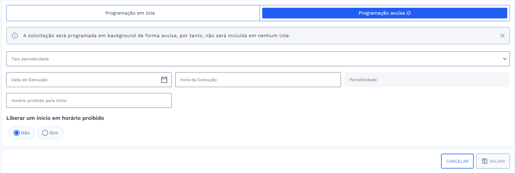 Programação avulsa – Antes do preenchimento